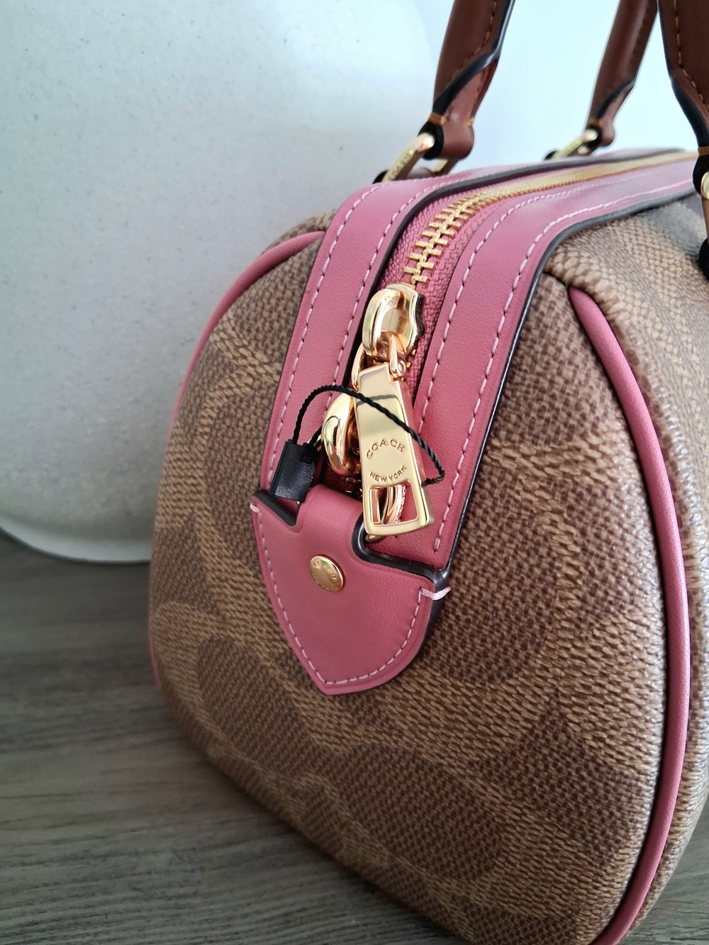 NWT Authentic Coach Rowan Brown Signature Satchel with Pink & Wine Stripe Accent - Picture 9 of 12
